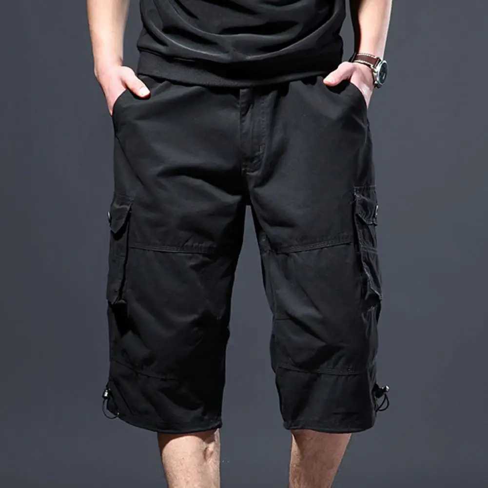 Trendy Drawstring Cotton Camouflage Print Multi Pockets Cargo Pants Loose Type Men Cropped Pants Daily ClothesX240921