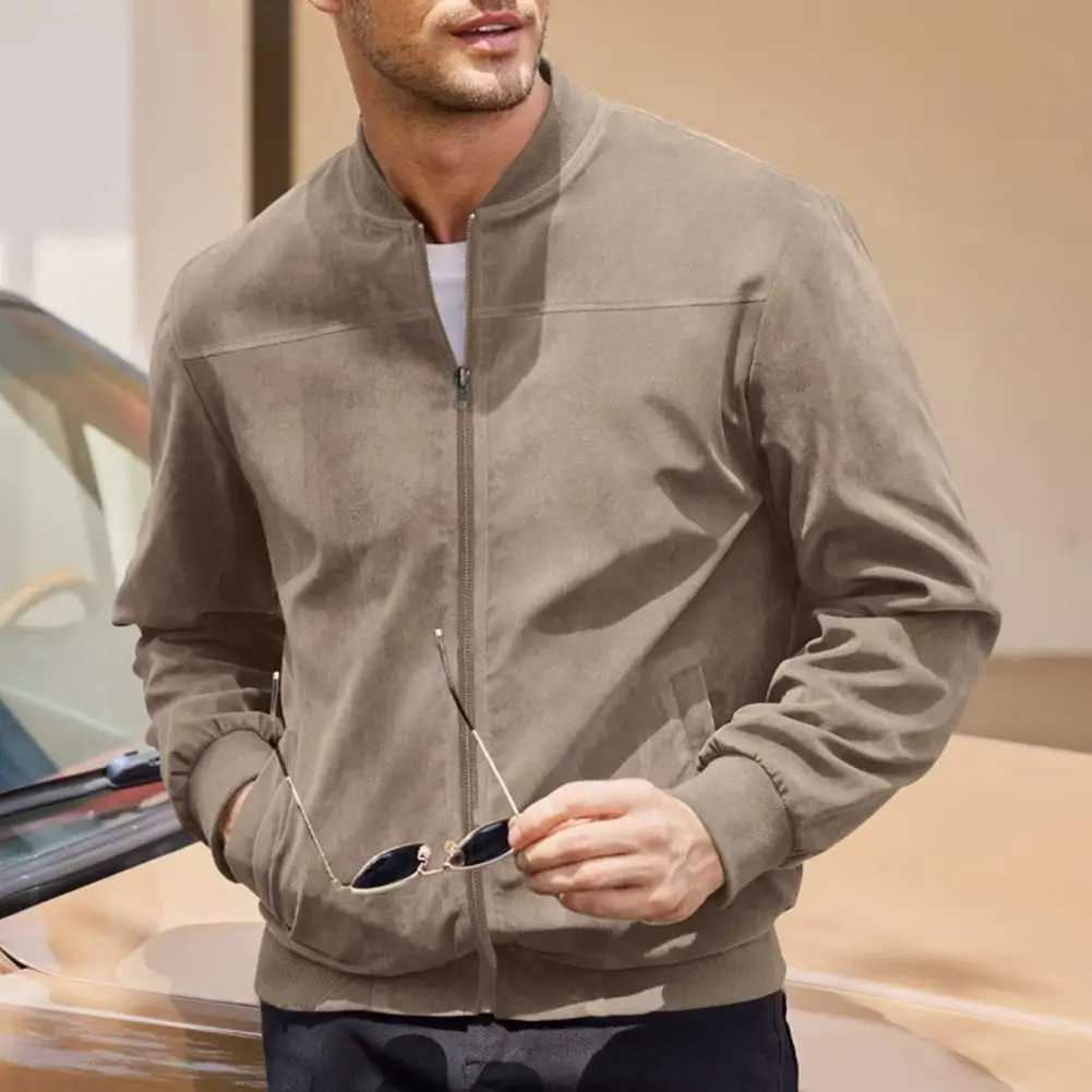 Men Suede Jacket Stand Collar Long Sleeve Zipper Placket Coat with Side Pockets Solid Color Loose Fit Ribbed Cuffs Hem Outwear M240921