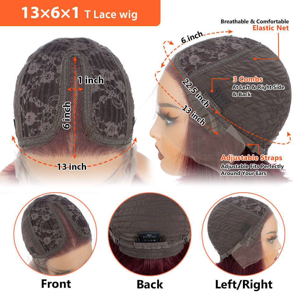 99J Short Bury Human Hair Colored Straight Bob Front Wig For Women Dark Red Glueless T Part Lace Wigs Allure