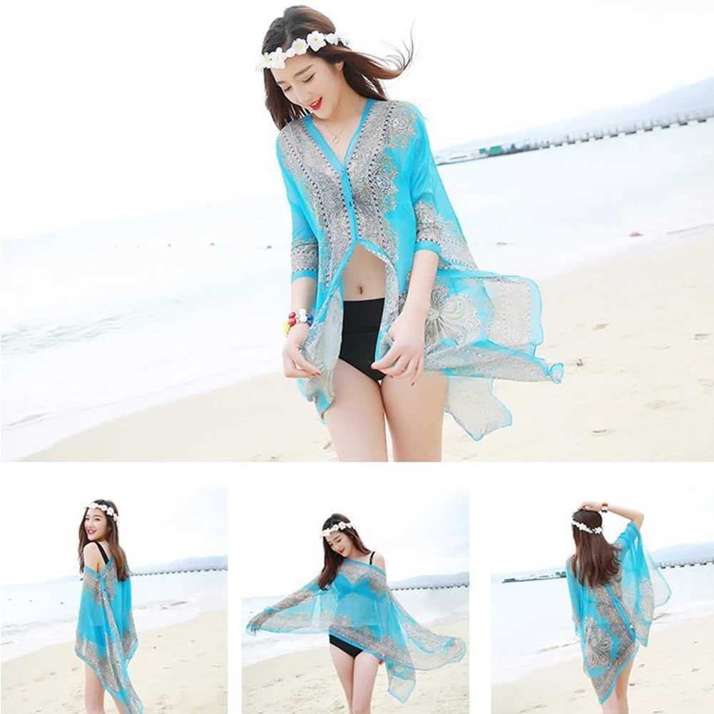 Womens Scarf Shawl Summer Beach Bikini Cover Loose Chiffon Shirt Shawl with Button Sunshine Comfortable Cover Hot W240921