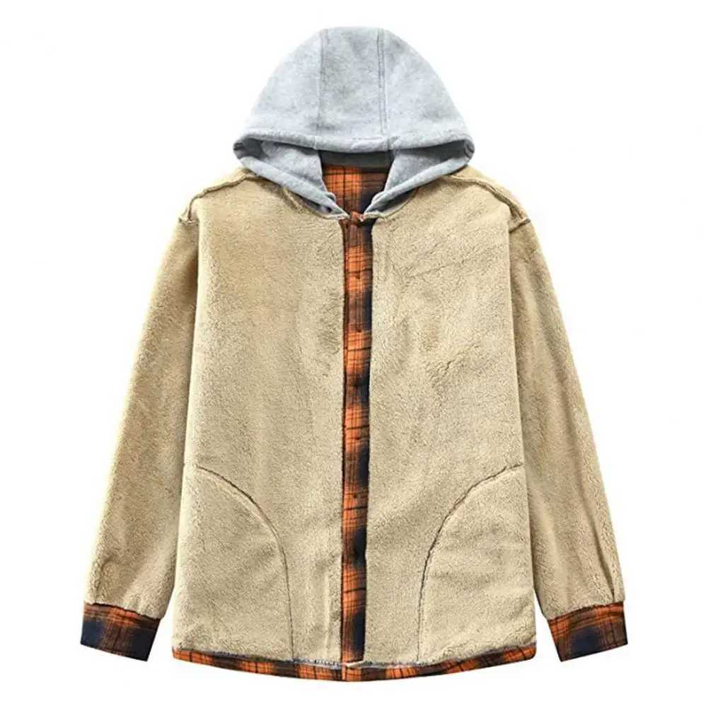 Hooded Jacket Stylish Mens Plaid Pattern Coat Fleece Lined Hooded Cardigan with Drawstring Long Sleeve Loose Fit Outwear Men M240921
