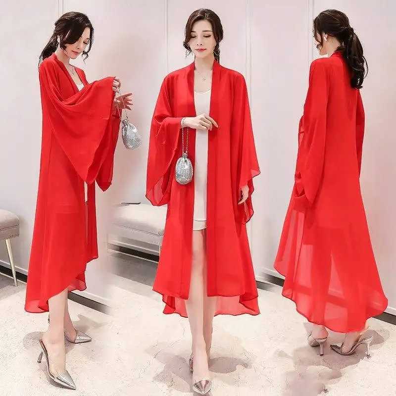 2024 womens summer long sleeved cardigan wool sweater beach long sleeved Korean fashion black chiffon jacket long cardigan coat A219 W240921