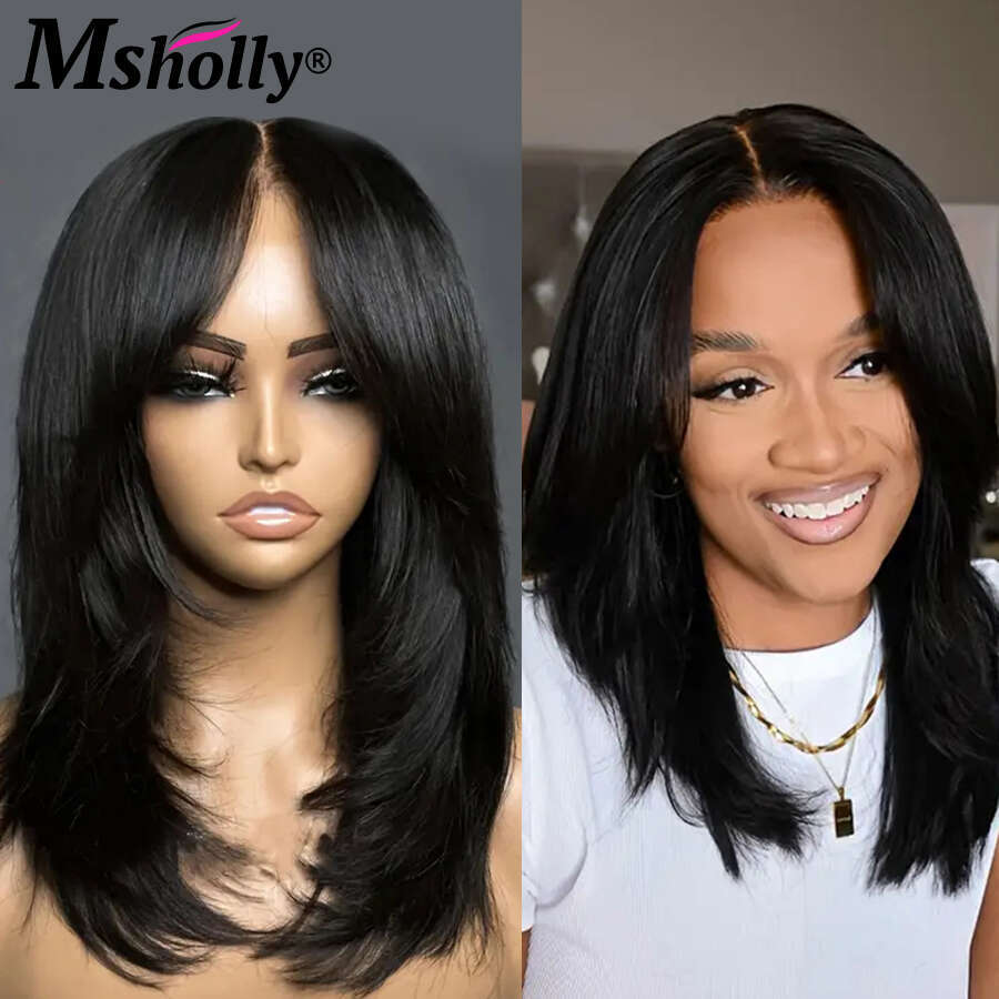 Inspired Layers With Curtain Bangs Wavy 4x4 Glueless 100% Human Hair Wigs Free Part Clear Lace Preplucked Wig For Women