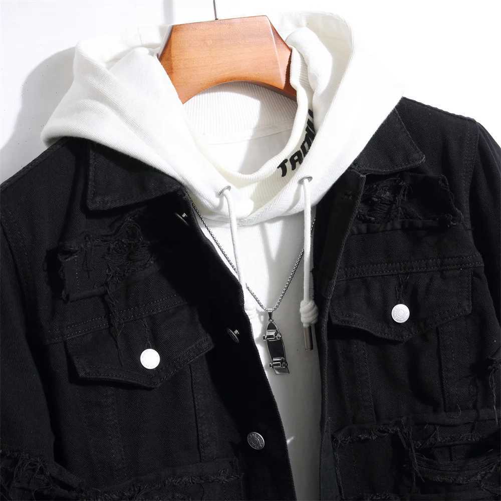Street clothing mens stacked splicing tear ultra-thin denim jacket mens high-quality solid jacketW240711