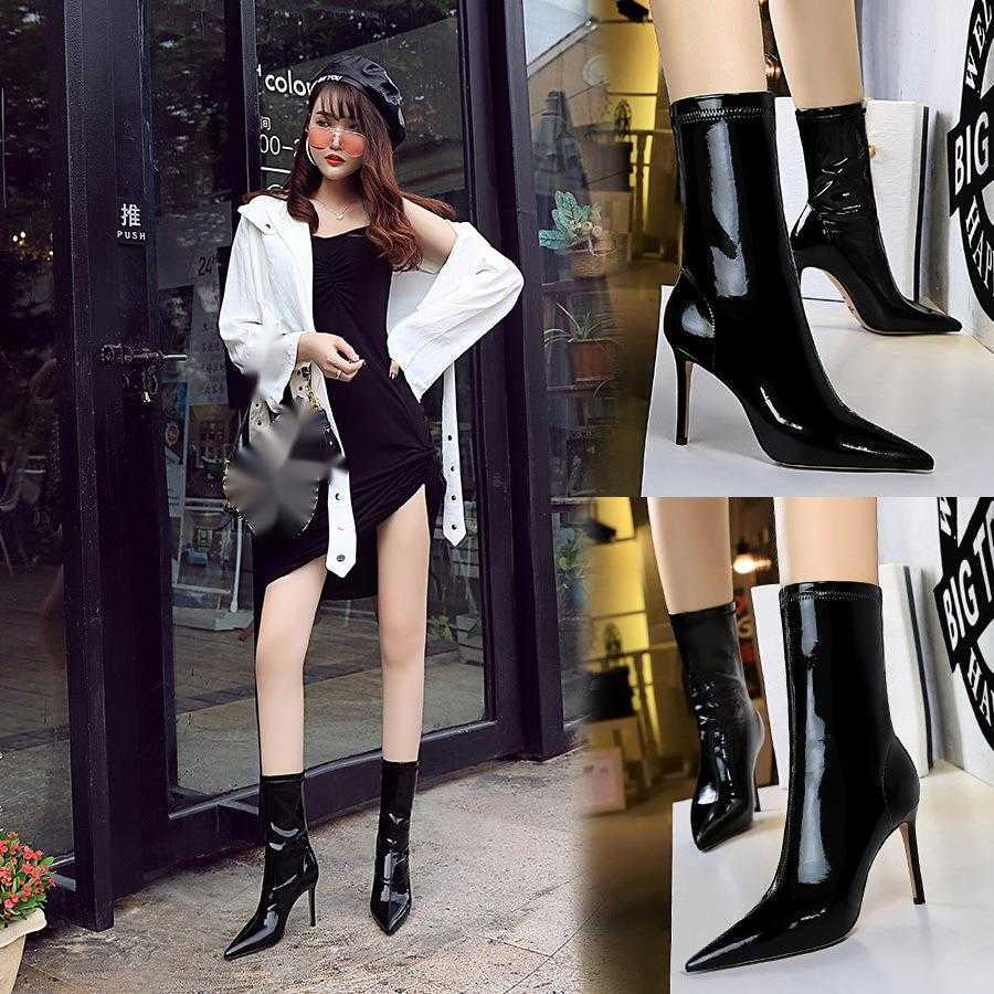 CMM Fashion Sexy Nightclub Slim Shiny Lacquer Leather Elastic Slim Pointed Short Boots Winter Slim Boots