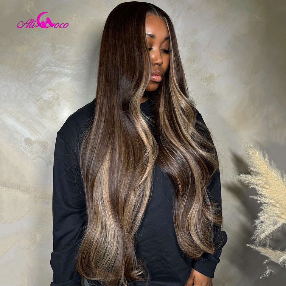 32inch Brown Highlights Blonde Body Wave Human 13x4 Transpaprent Lace Front Wigs Pre-Plucked Long Hair Wig For Woman