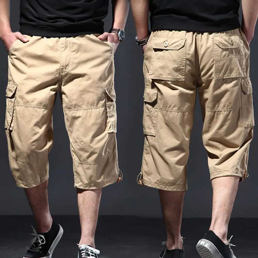 Trendy Drawstring Cotton Camouflage Print Multi Pockets Cargo Pants Loose Type Men Cropped Pants Daily ClothesX240921
