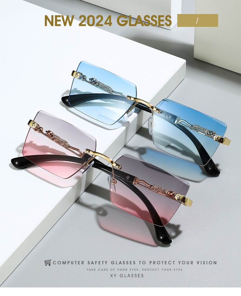Square Rimless Sunglasses with Leopard Men Retro Top Frame Women Eyewear Outdoor Y2K Future Design Diamond trimming Glasses Women S142 IVISTA