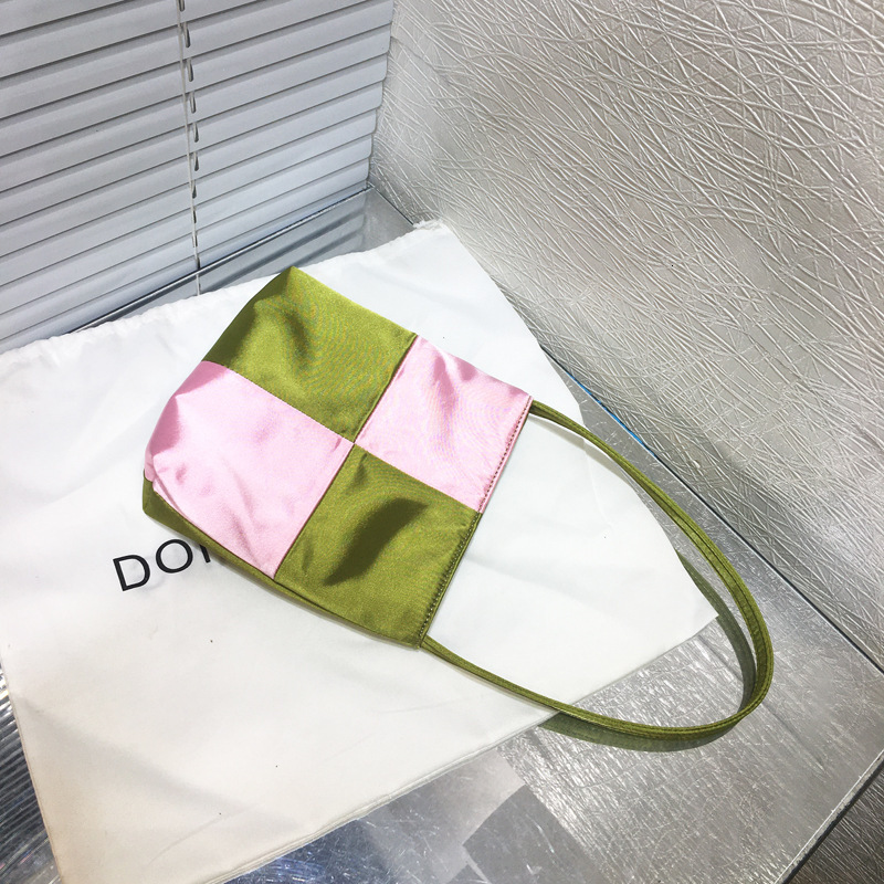 Women's 2024 new niche satin color patchwork women's checkerboard underarm handbag mini square bag