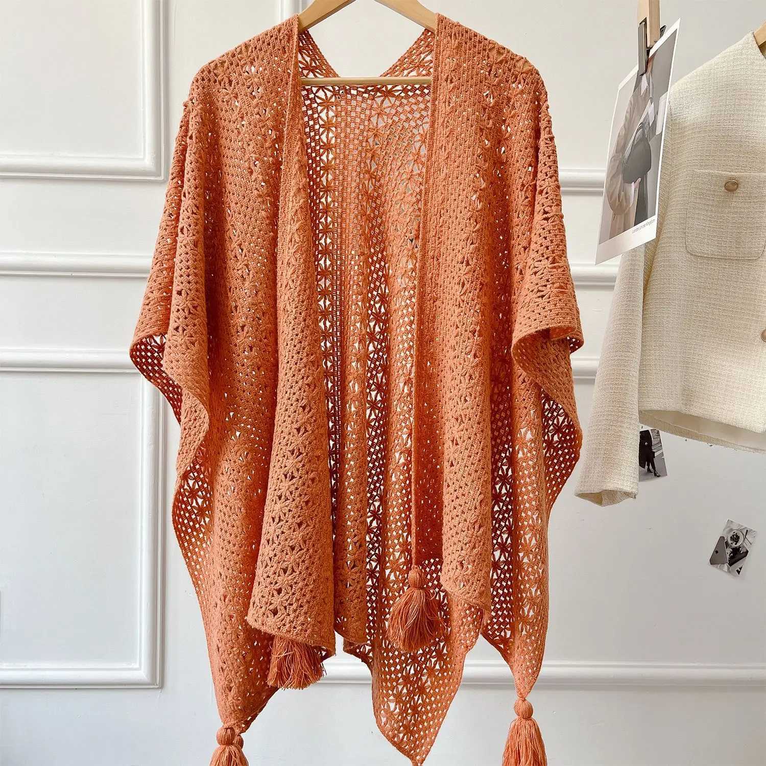 Raincoat ethnic style travel holiday coat photography knitted tassel split style shawl womens shawl womens spring coat W240921