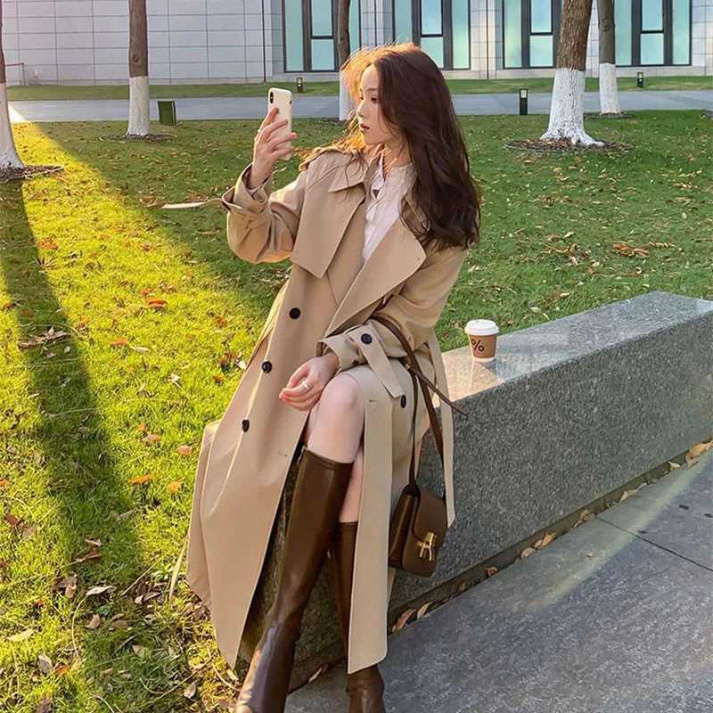 Streetwear Loose Trench Coat Midi Length Fashion Korean Elegant Khaki Black Womens Windbreaker Coat Casual Double Breasted TopsX240921