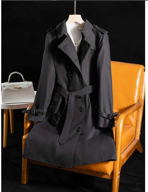 Trench Womens Spring and Autumn 2023 Classic British Double breasted Medium Length Waterproof Trench CoatX240921