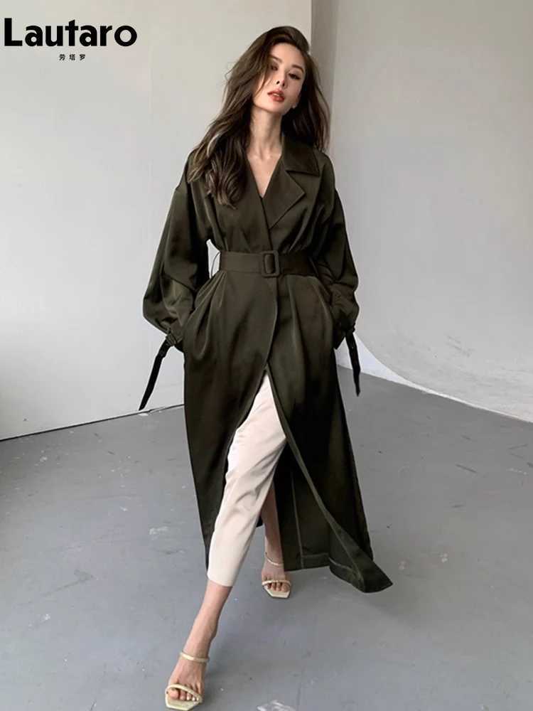 Lautaro Autumn Long Flowy Dark Green Trench Coat for Women Belt Single Breasted Luxury Designer Women Clothing 2023 New ArrivalsX240921