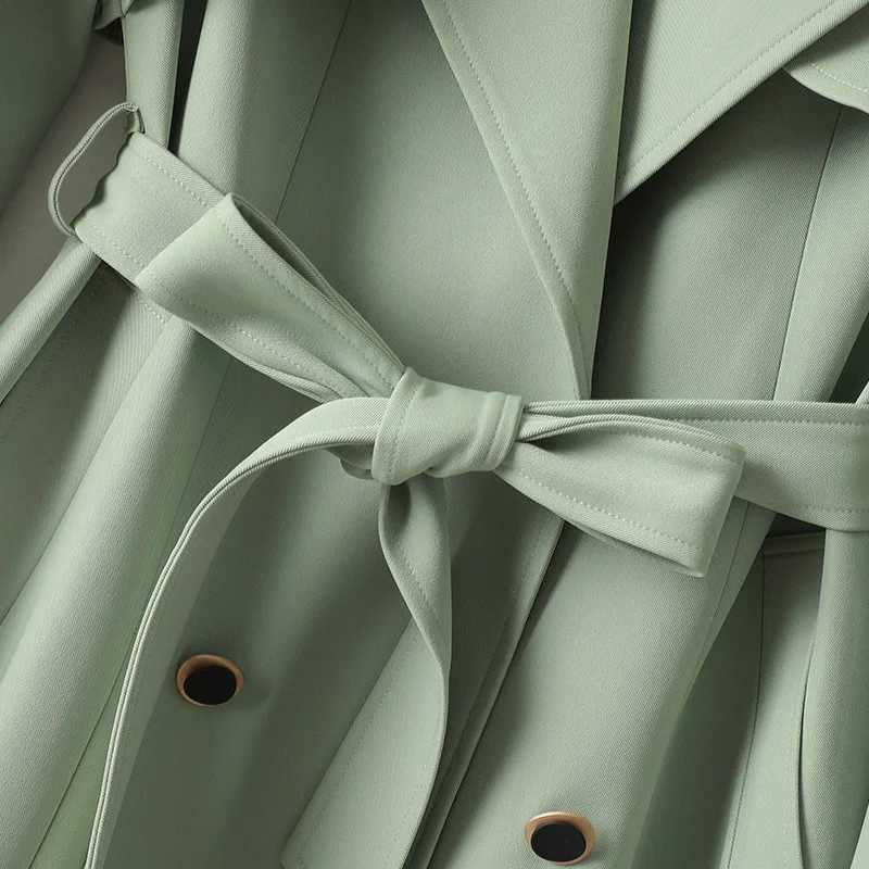 Elegant Long Coats and Jackets Women Light Green Lapel Belted Spring Autumn Trench Coat Office Lady Windbreaker New in OuterwearX240921