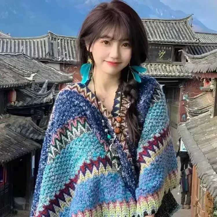 Bohemian plain tassel shawl vintage knitted warm cornered bag thick windproof cardigan used for outdoor travel W240921