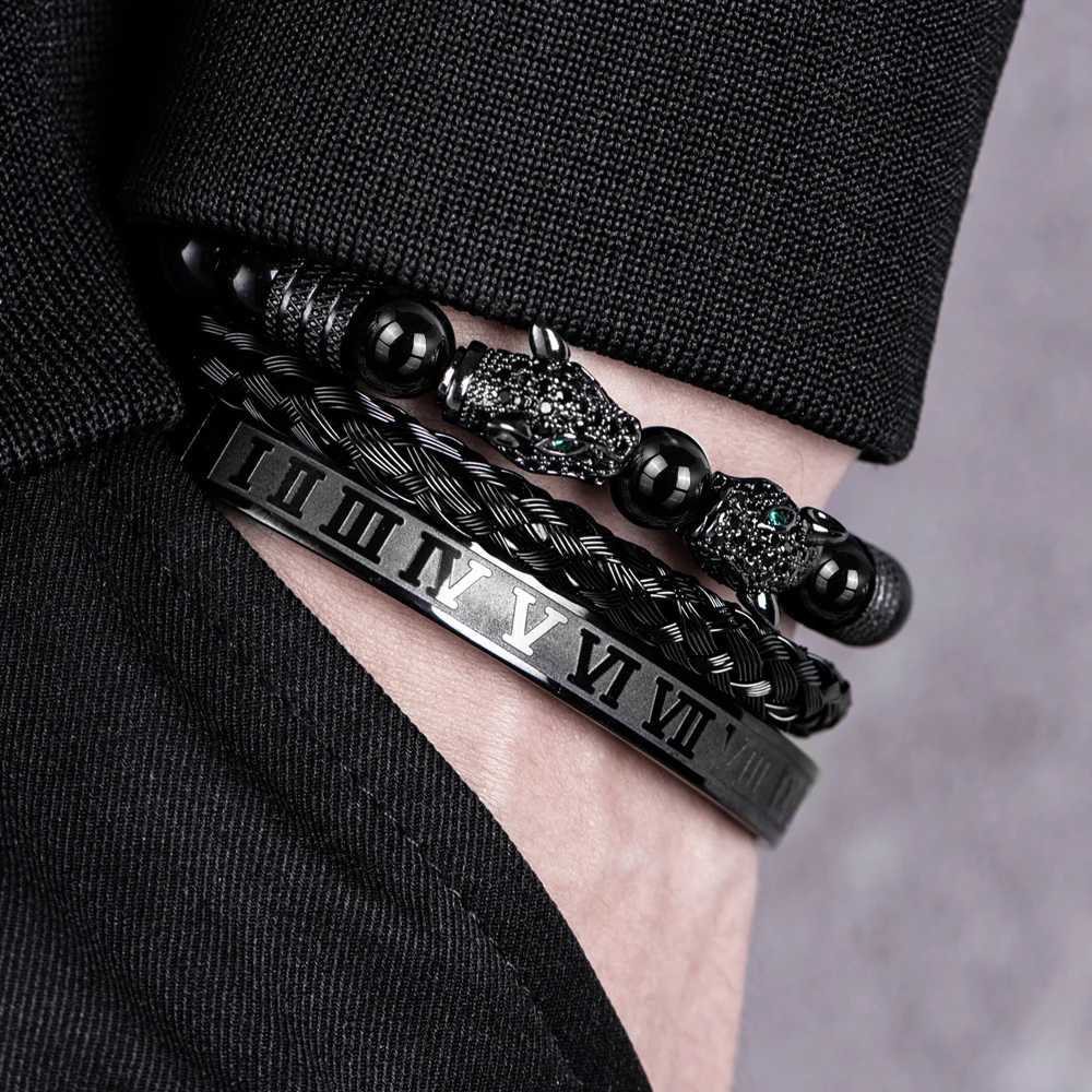 3PCS Mens Premium Black Agate Beaded Bracelet Set - Double Leopard Head Roman Numerals Adjustable Braided Design BraceletsX240921