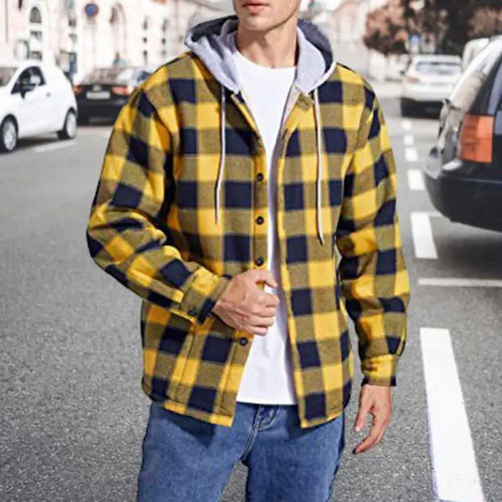 Hooded Jacket Stylish Mens Plaid Pattern Coat Fleece Lined Hooded Cardigan with Drawstring Long Sleeve Loose Fit Outwear Men M240921