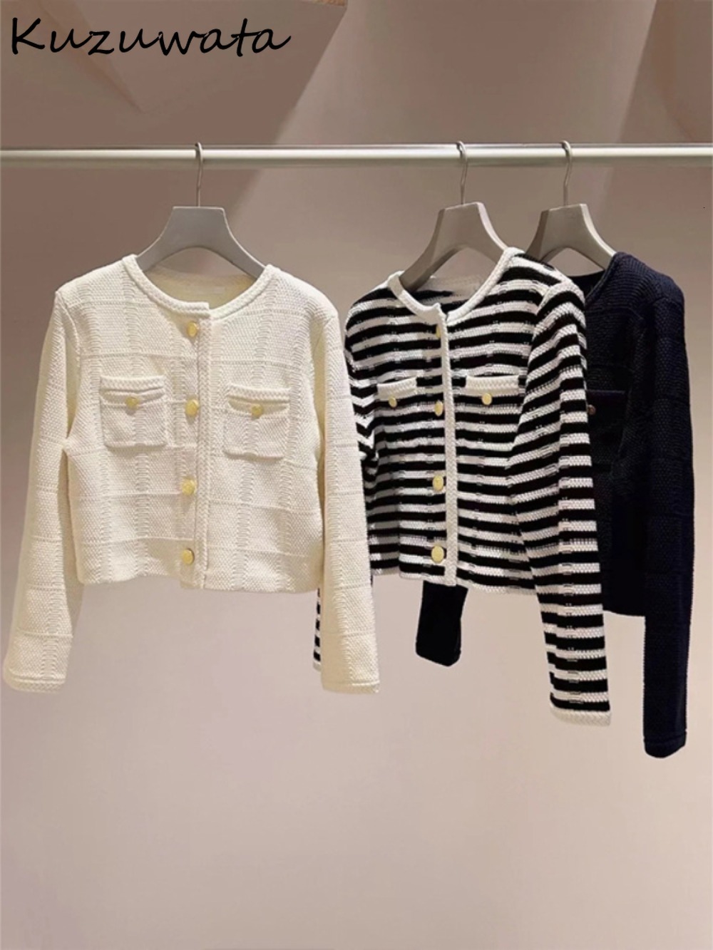 Kuzuwata Moda O Neck Long Sleeve Coat Single Breasted Small Fragrance Casual Jacket Japan New Knit All-Match Elegant Outwear