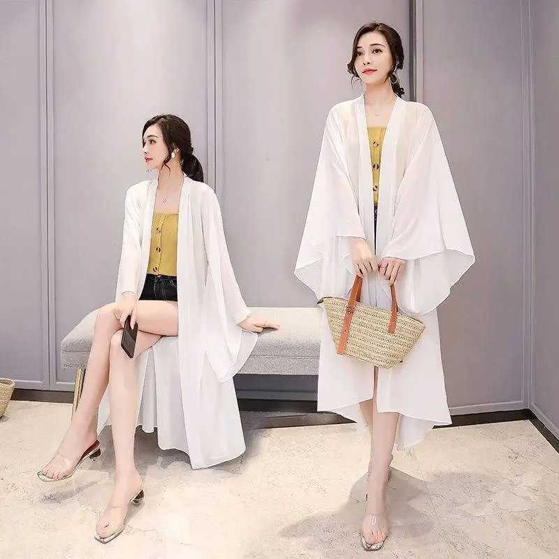 2024 womens summer long sleeved cardigan wool sweater beach long sleeved Korean fashion black chiffon jacket long cardigan coat A219 W240921