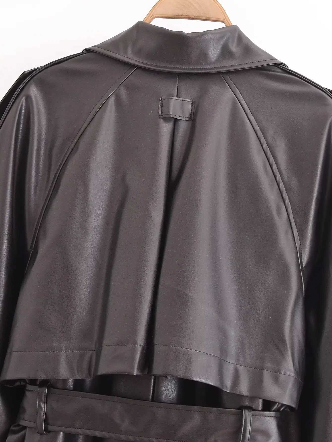 Y2K TRAF PU Leather Women Long Trench Coat 2024 Winter Chic Double-breasted with Belts Loose Windbreaker Outerwear Lady TrenchX240921