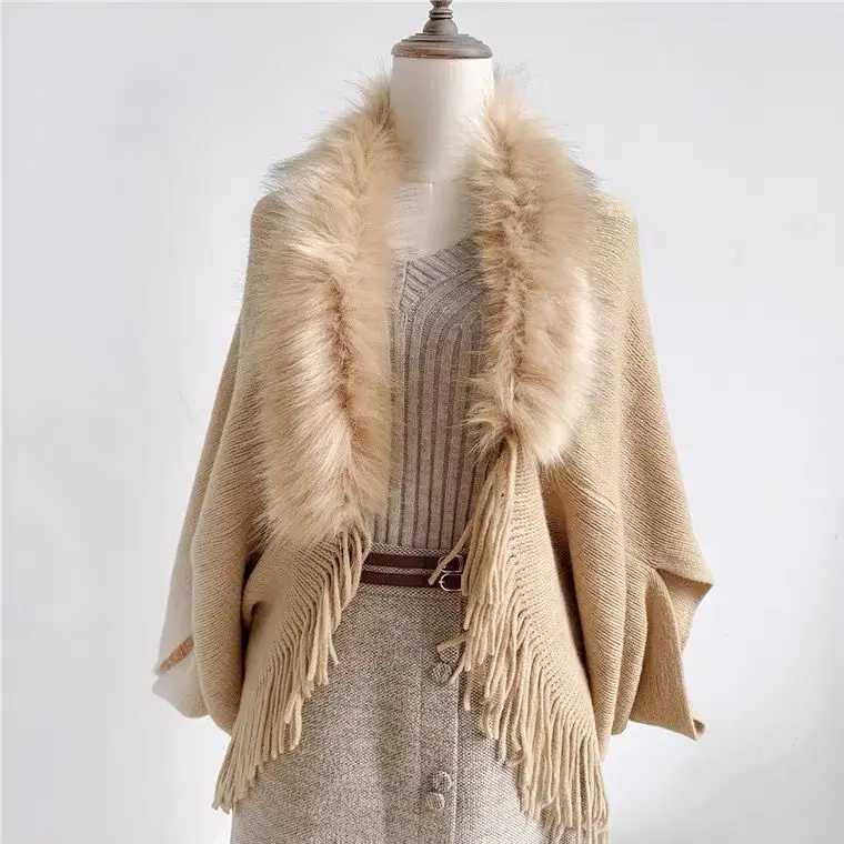 Fur collar winter shawl and wrap Bohemian edge oversized womens winter raincoat and shawl bat sleeve cardigan W240921