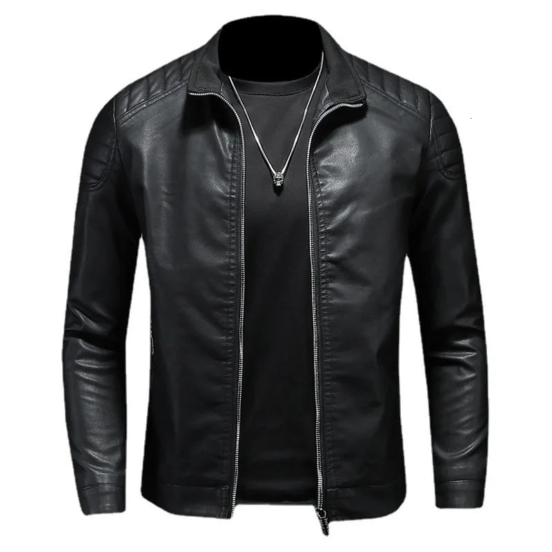 Spring And Autumn Motorcycle Solid Polo Neck Fashion Casual PU High Quality Men's Leather Jacket