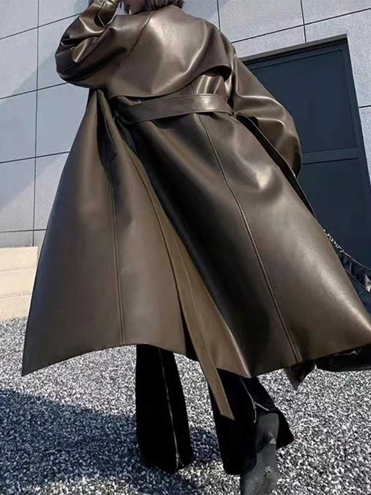 Long Oversized Leather Trench Coat for Women Long Sleeve Lapel Loose Lady Jacket With Belt 2024 Autumn New Vintage StreetwearX240921