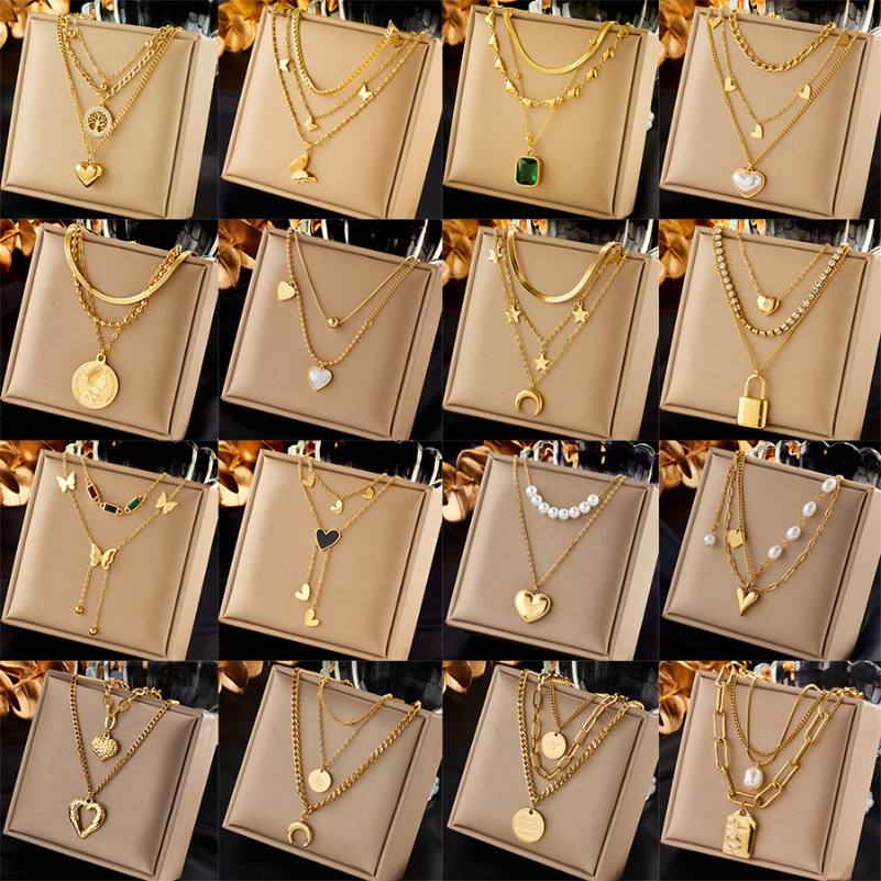 Gold Tree Heart Butterfly Moon Padlock Stack Necklace Pendant Charms Designer Jewelry 18k Gold Chain Stainless Steel Necklaces Woman Girls Luxury Jewelry Gift