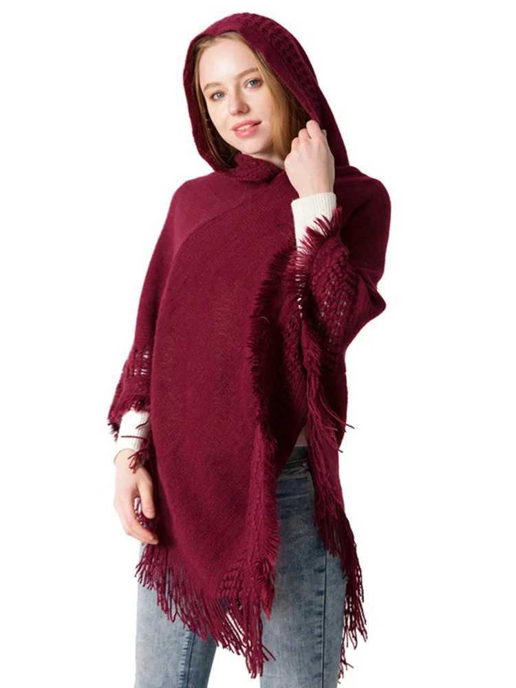 Winter Knitted Hoodie Solid Color Pullover Sweater Womens Casual Tassel Batwing Sleeve Shawl Cape Womens Open Collar W240921