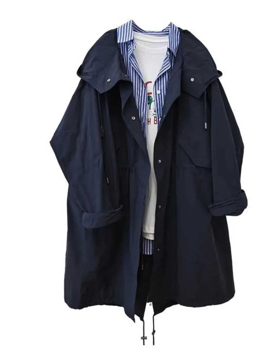 Korean Oversized Women Cargo Windbreaker Jacket Single-Breasted Long Trench Coat Drawstring Lady Spring Autumn Hooded CoatX240921