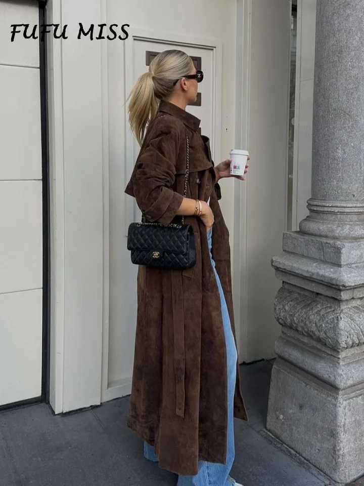 Vintage Khaki Suede Long Coat For Women Belt Lapel Long Sleeve Double-breasted Overcoat 2024 Autumn Lady High Street OutwearsX240921