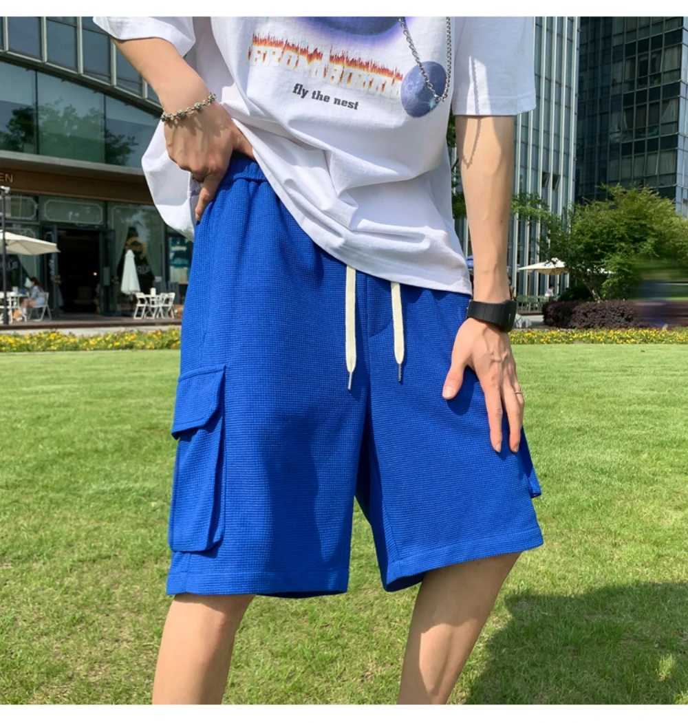 Mens summer cargo shorts Waffle fabric mens multi-pocket solid color casual shorts Youth mens sports shortsX240921