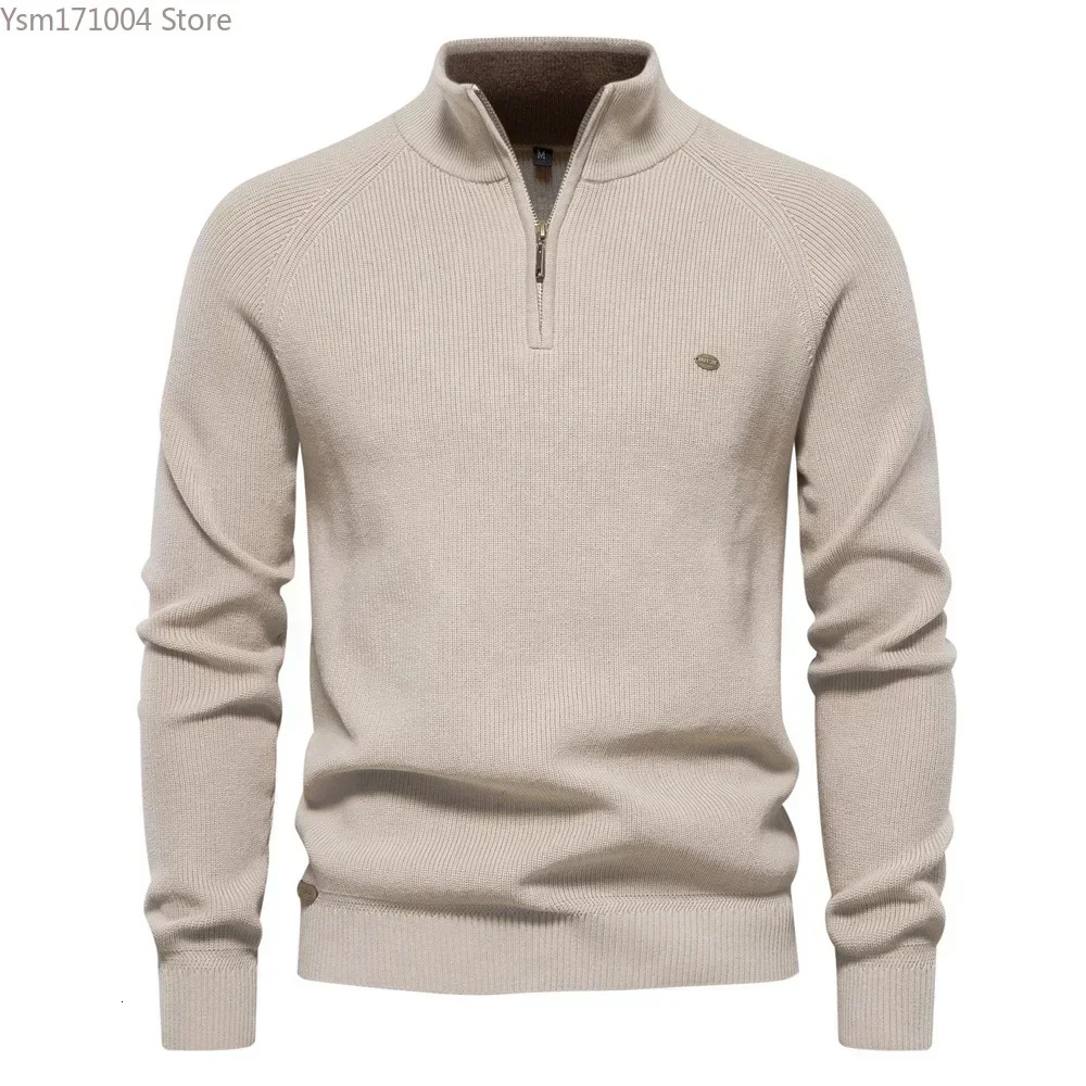 New Men's Half High Neck Zipper Solid Elastic Slim Fit Long Sleeve Casual Business Men Knitted Pullover Sweater