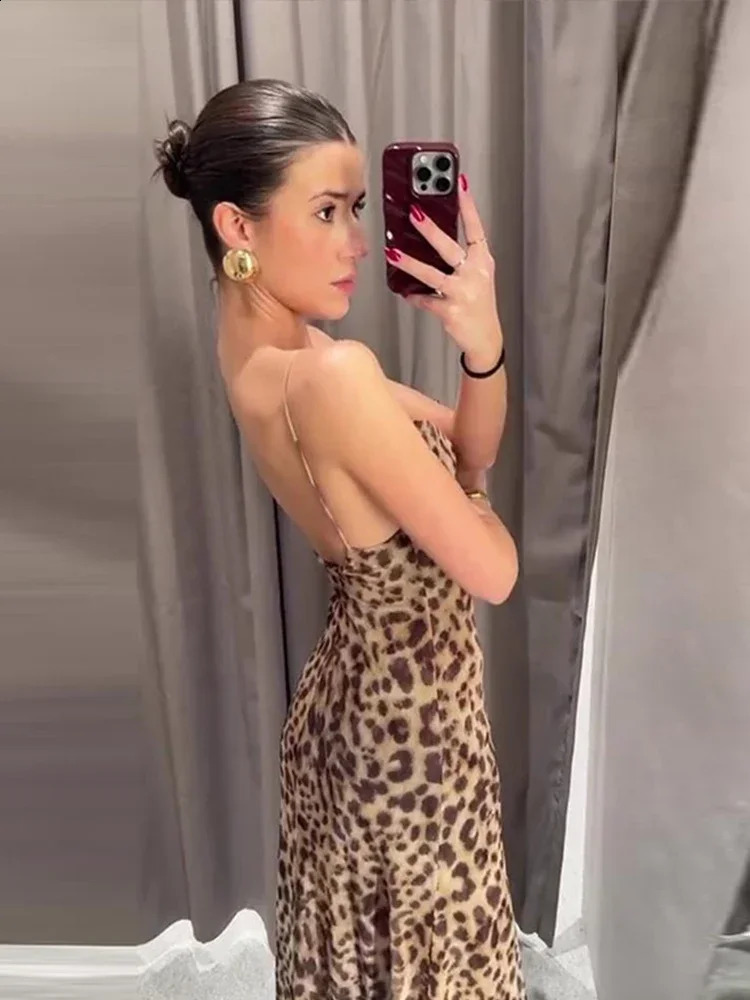 Leopard Print Sling Maxi Womens Dress Summer Elegant Backless and Sleeve Free Long Dress Sexy Party Tank Top 240921