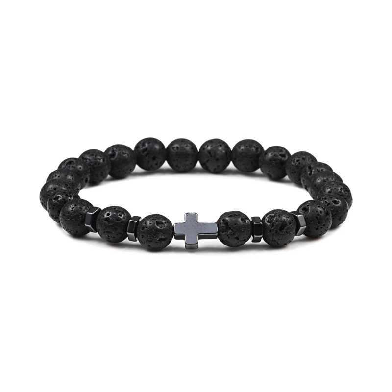 Dropshipping Hot Men Natural Lava Stone Bead Bracelets Hematite Cross Rosary Meditation Prayer Jesus Bracelet Women Yoga JewelryX240921