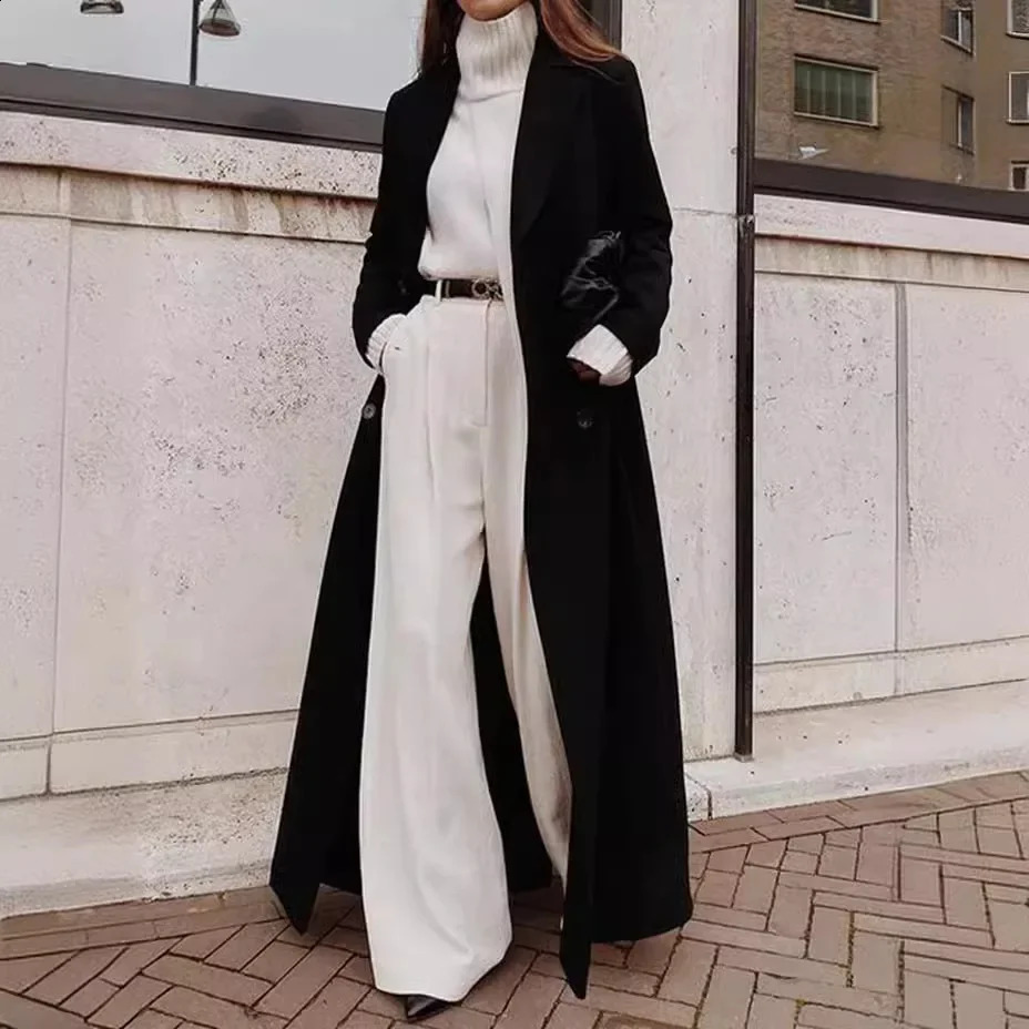 Long sleeved loose button autumn solid color ankle long wool blend coat trench womens fashion 240918