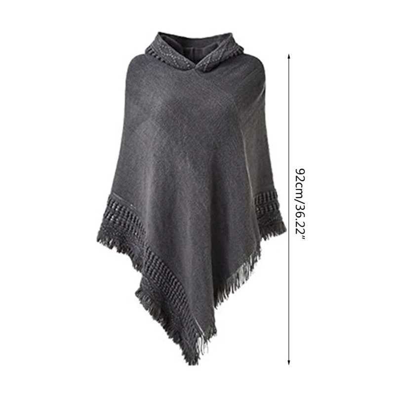 Womens winter warm knitted hooded raincoat solid color crocheted tassel shawl bag oversized zipper cape sweater top W240921