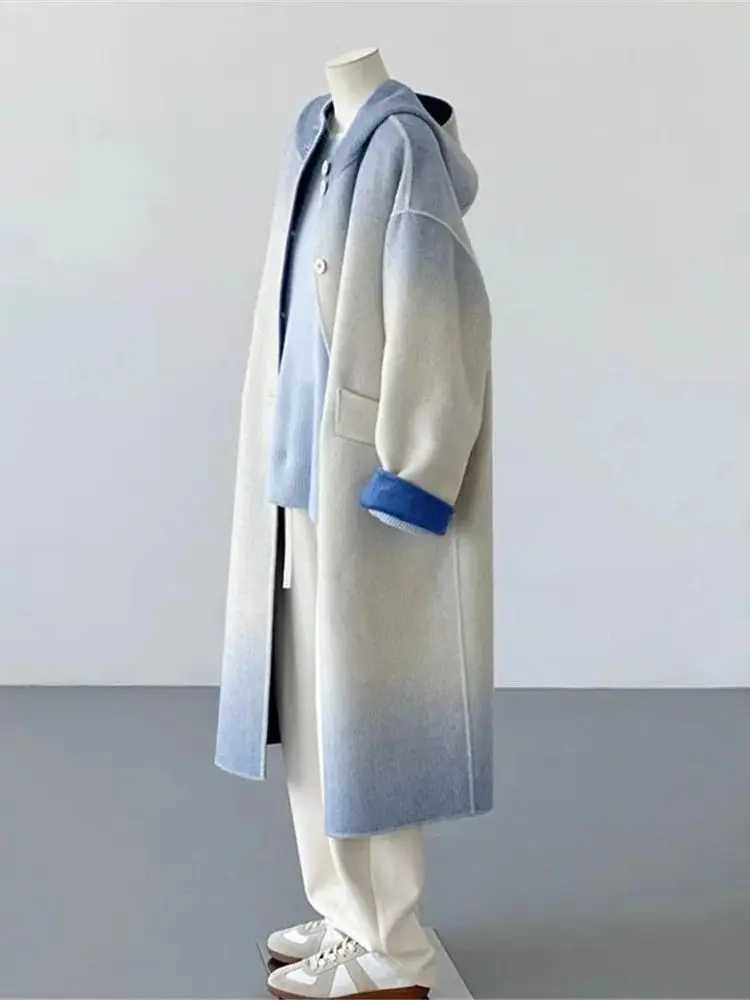 Double sided cashmere office womens gradient wool coat autumn and winter OL style hooded coat 2023 new model Y4670 W240921