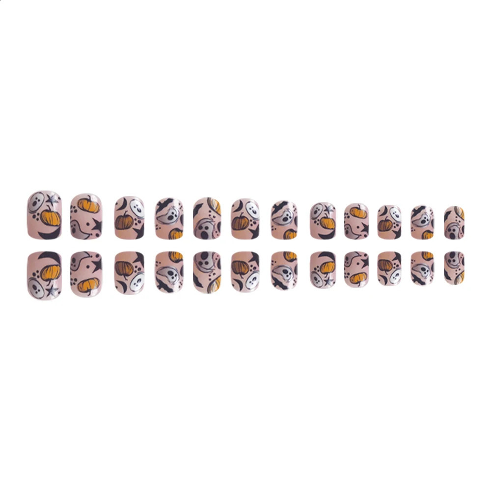 24pcs Simple Ghost Cartoon Wearable French Short Nails Square Head False Nail Press On Nails Manicure Tool 240914
