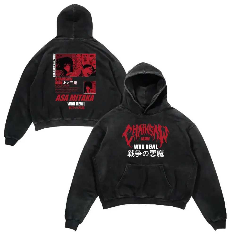 Anime chainsaw mens retro washed hooded sweatshirt black Danji print retro W240921