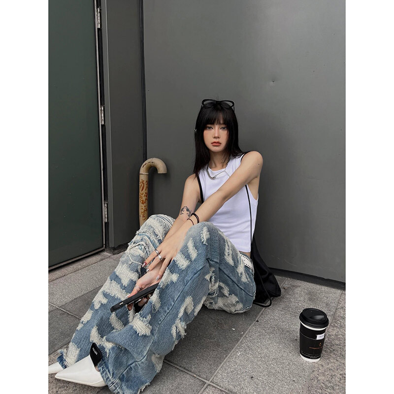 Women Blue Ripped Jeans Haruku Y2k 90S Aesthetic Oversize Denim Trousers High Waist Cowboy Pants Vintage 2000S Trashy Clothes