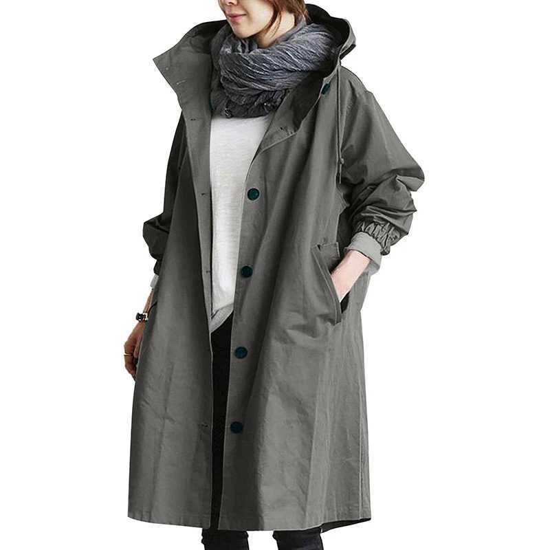 Hooded Pocket Long Sleeve Windbreaker Loose Coat Mid Length Jacket British Style Women Clothes Solid Autumn Thin Casual VintageX240921