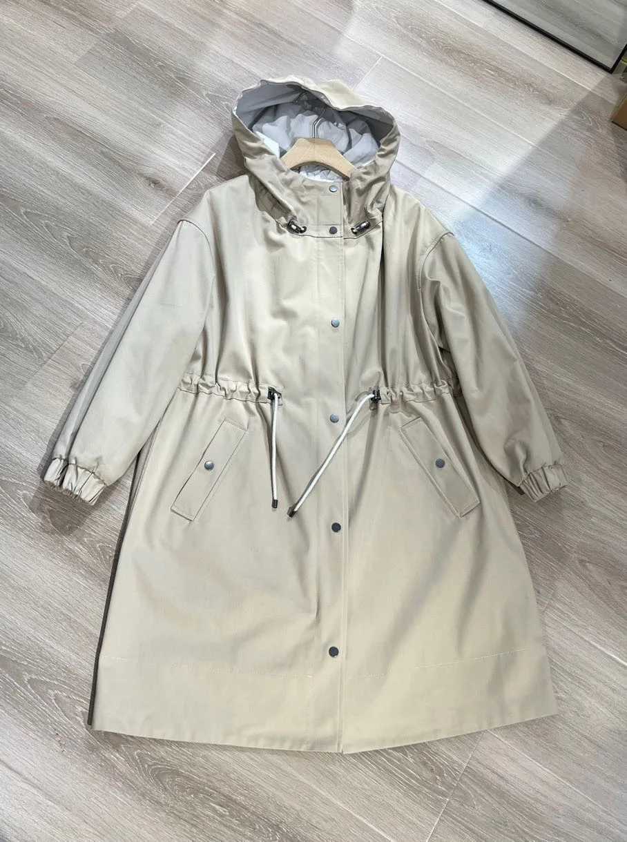 2024 Classic Ladies Cotton Trench Coat Long Drawstring Hooded Windbreaker Jackets TopsX240921