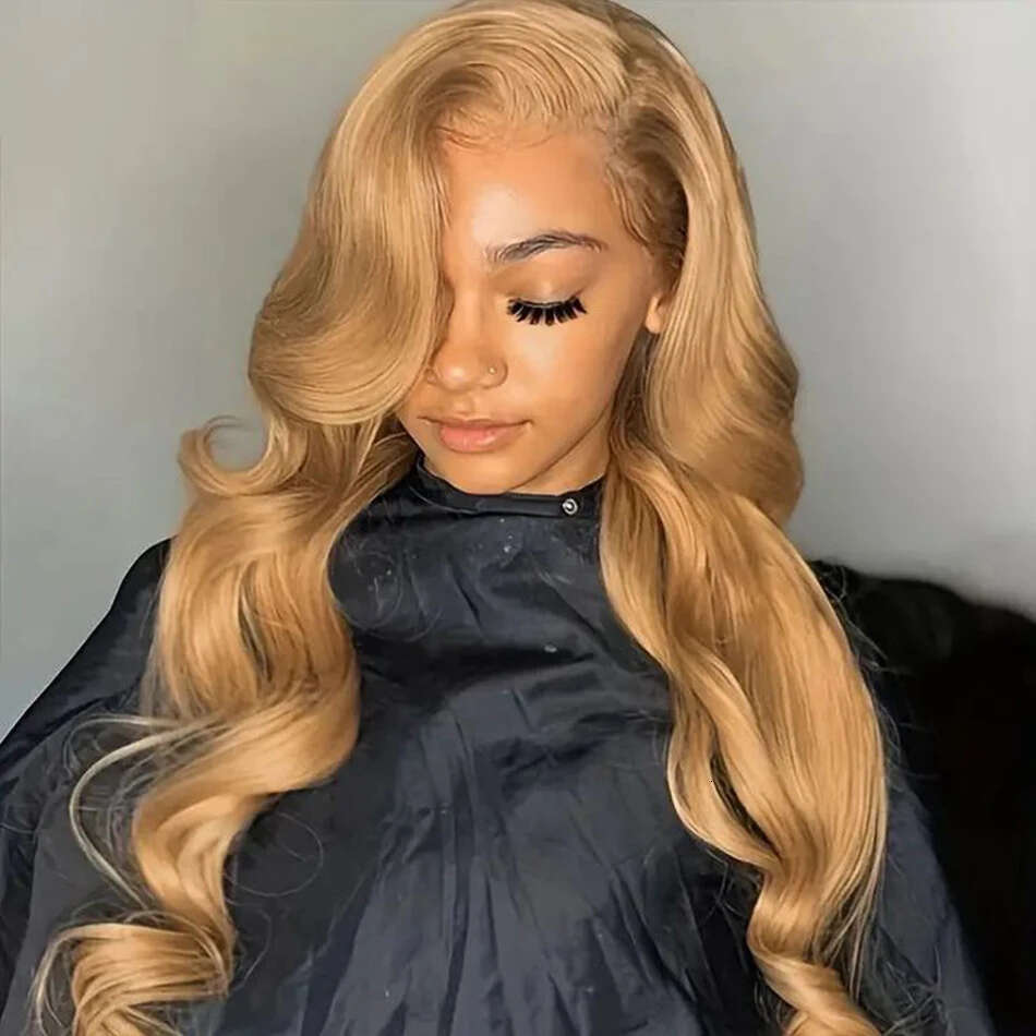 13x4 Transparent Honey Blonde 27# Colored Straight Lace Front 32 Inch Body Wave Human Hair Wigs