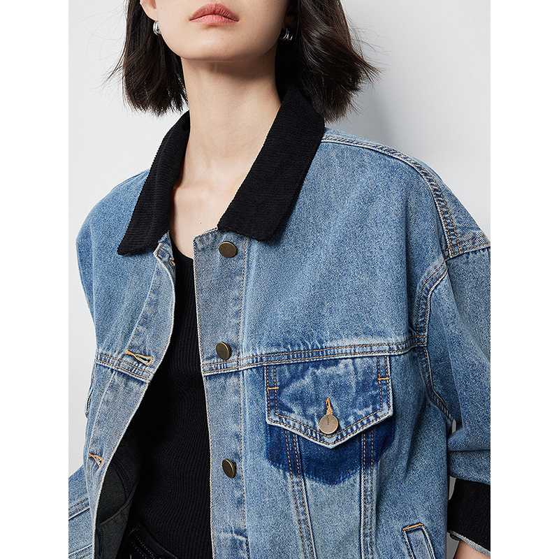 TOYOUTH Women Denim 2024 Autumn New Contrasting Color Washed Boyfriend Streetwear Outwear Jacket