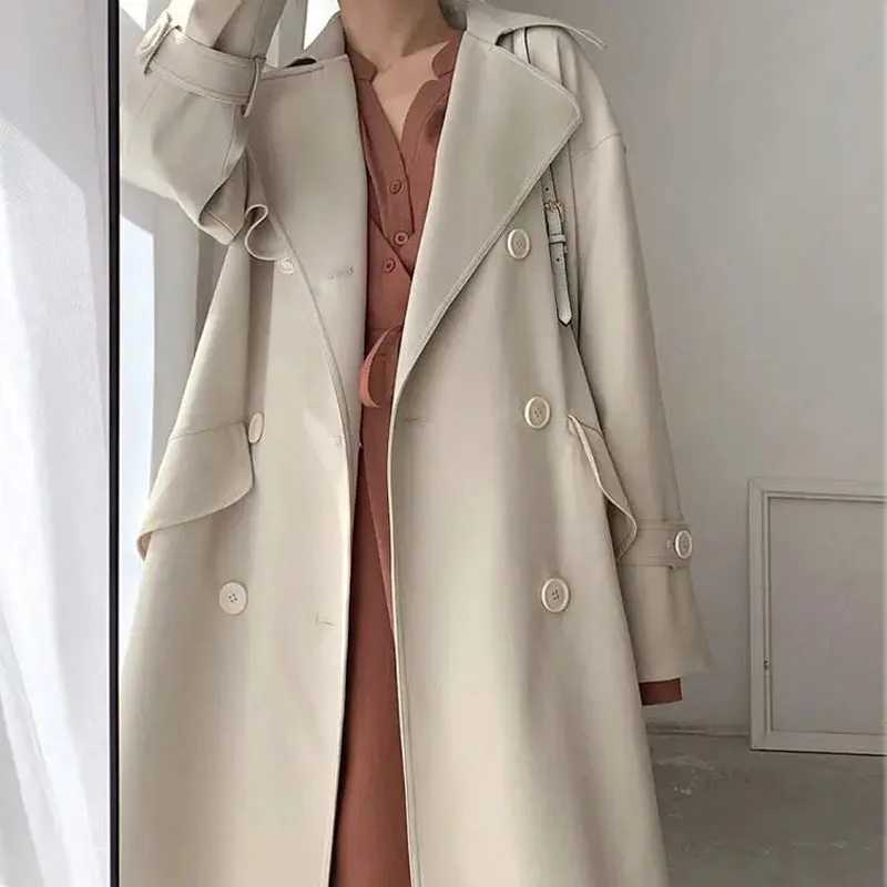 Korean Elegant Mid-length Apricot Light Blue Windbreaker With Sashes Women Autumn Lapel Double Breasted Long Sleeve Trench CoatX240921