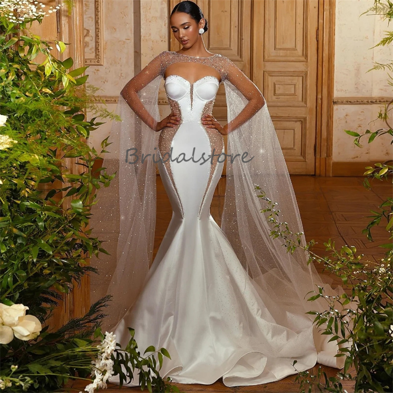 Glitter Mermaid Wedding Dresses With Cape Beaded Sweetheart Boho Bridal Dress 2025 Amazing Soft Satin Country Garden Dubai Bride Vestidos Novias Boda 