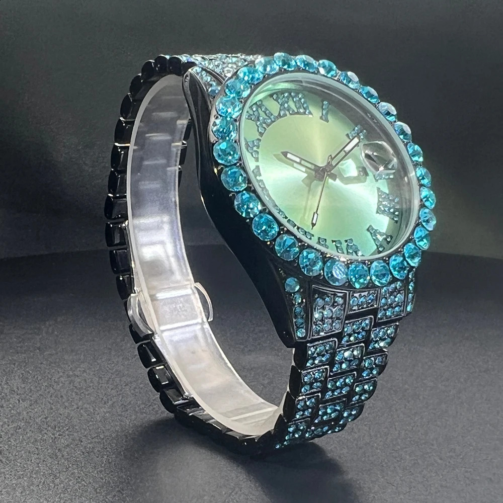 MISSFOX Diamond Watch For Men Fashion Light Blue Stainess Steel Quartz Wristwatch Hip Hop Rapper Style Waterproof Clock 240909