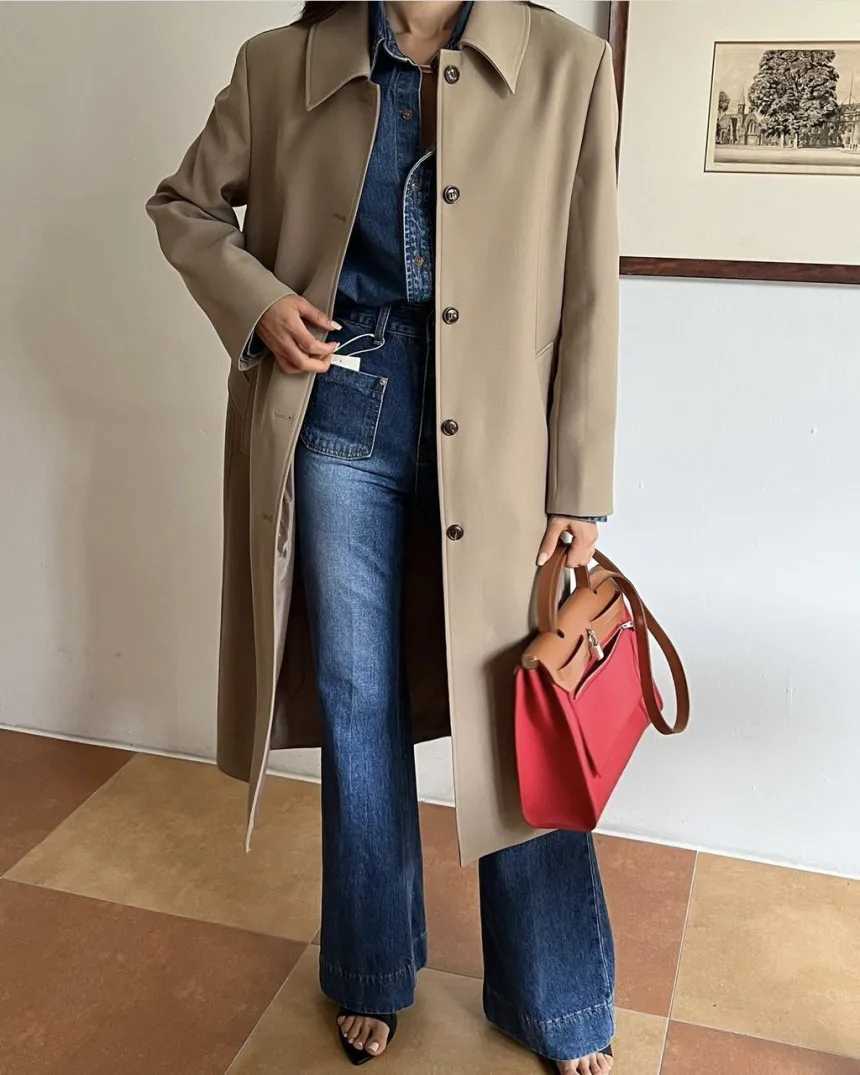 Autumn Winter Single Breasted Lace Up High Waist Cinched Long Windbreaker Coat Womens TrenchX240921