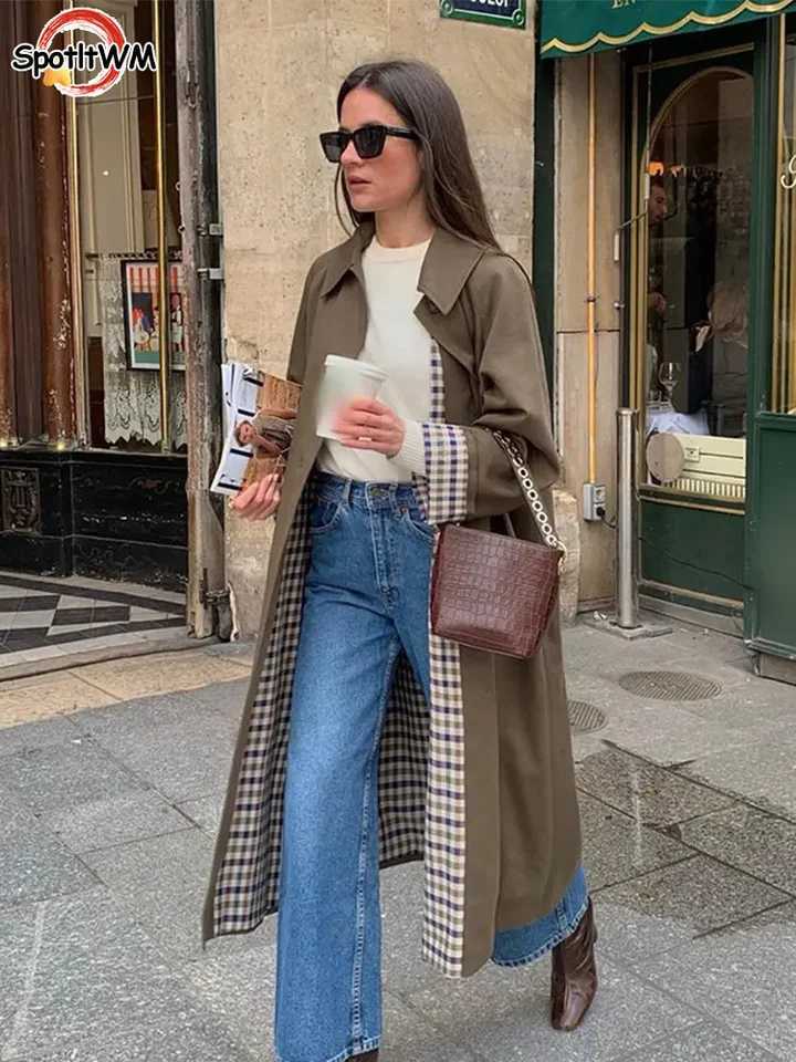 Plaid Lining Single Breasted Lapel Packet With Pocket Women Long Sleeved Versatile Long Coats Autumn Chic High Street OvercoatX240921
